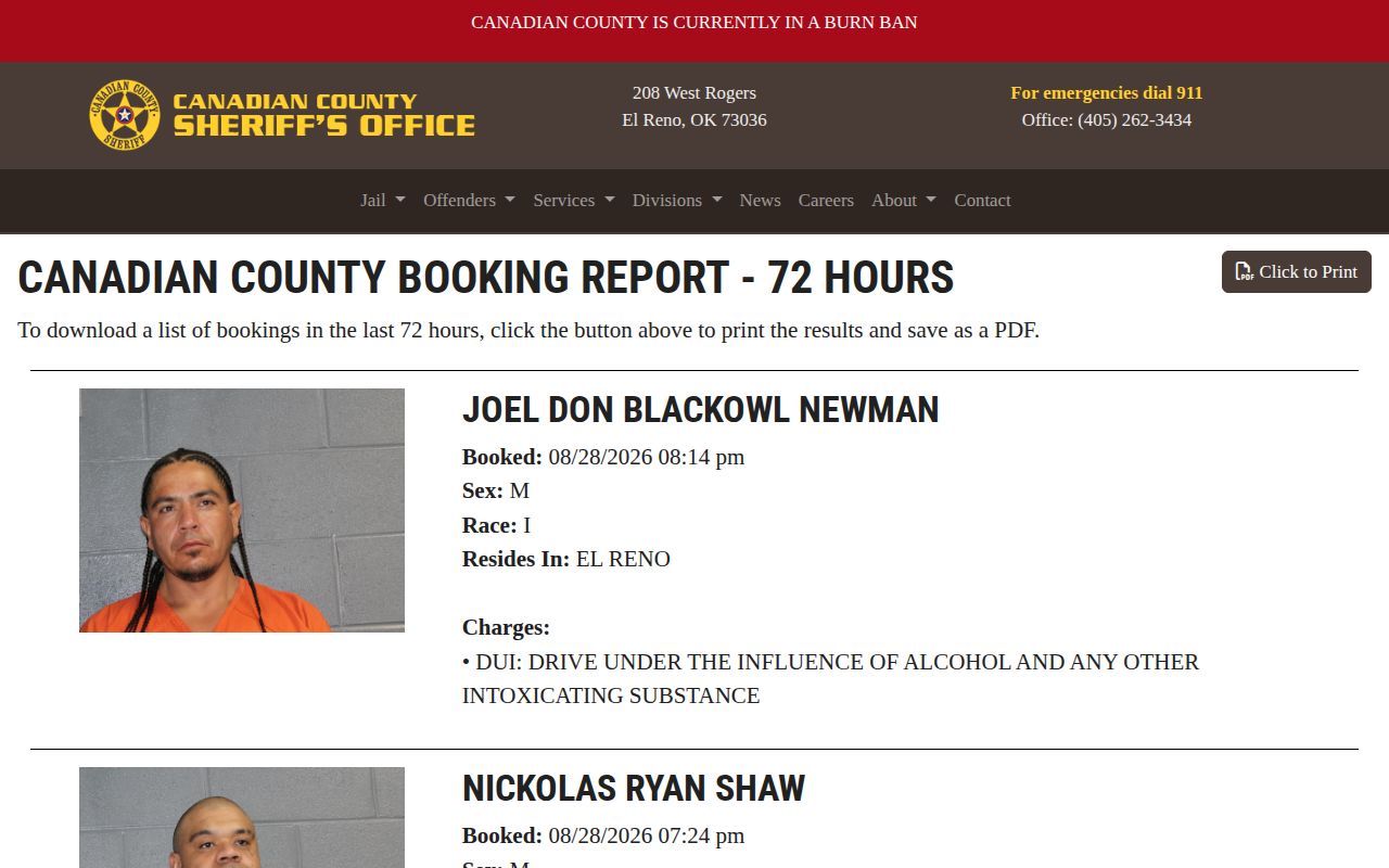 Canadian County 72-hour booking record report