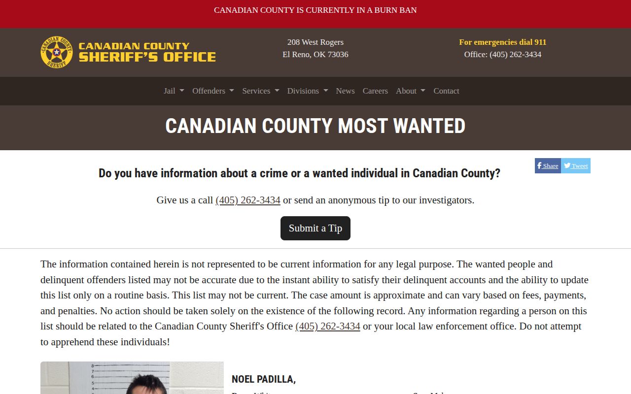 Canadian County Most Wanted warrant record interface