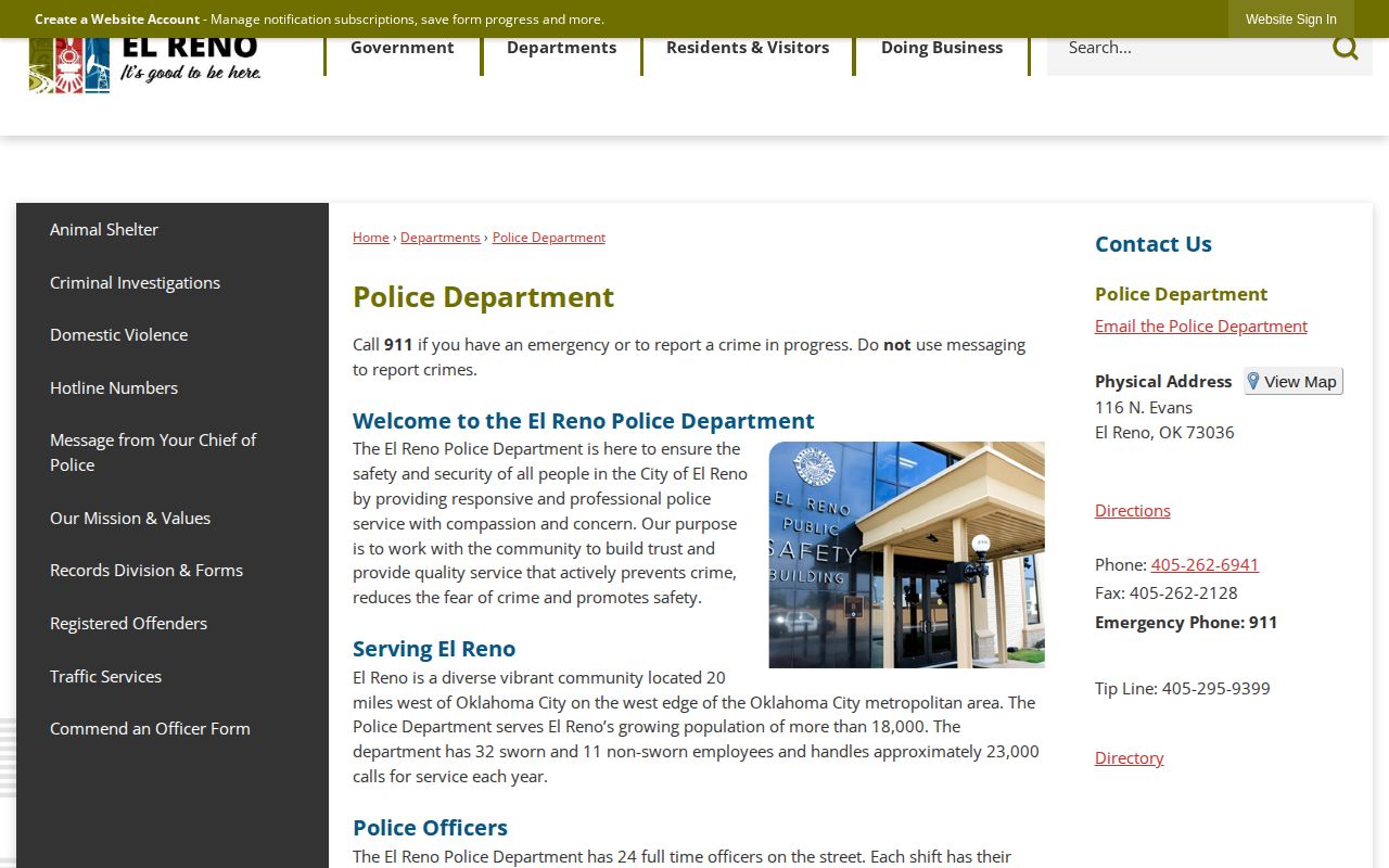 El Reno Police Department Canadian County arrest records contact page