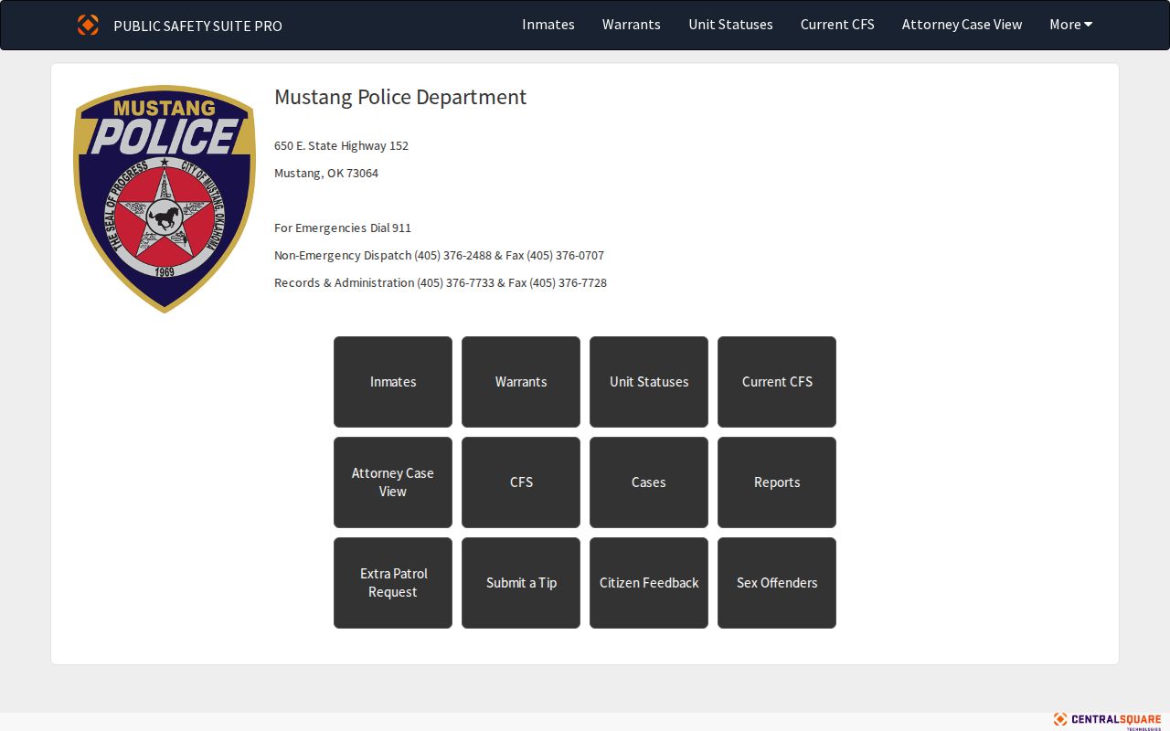 Mustang Police Department public safety portal for city inmate and warrant record searches